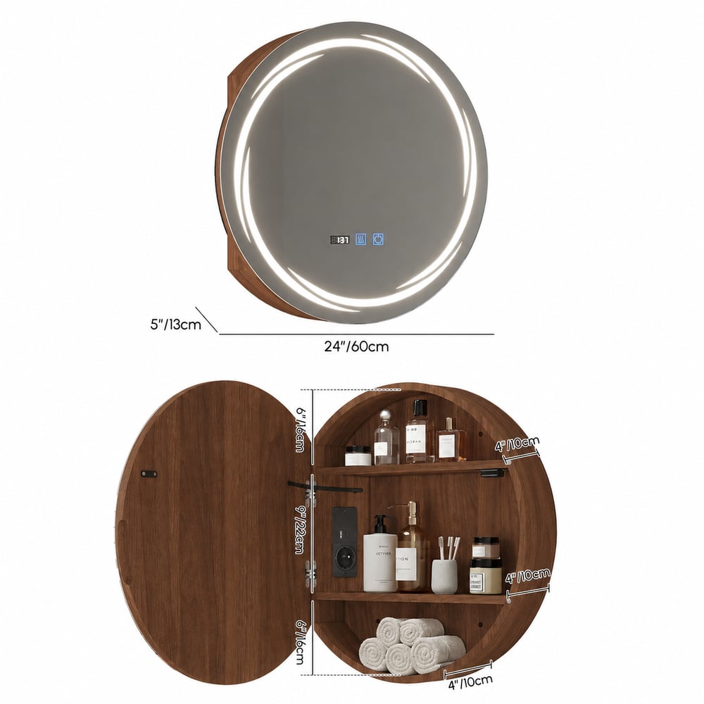 Armoire à pharmacie LED ronde de 60 cm avec rangement, antibuée, dimmable — Noyer Poids, dimensions, image
