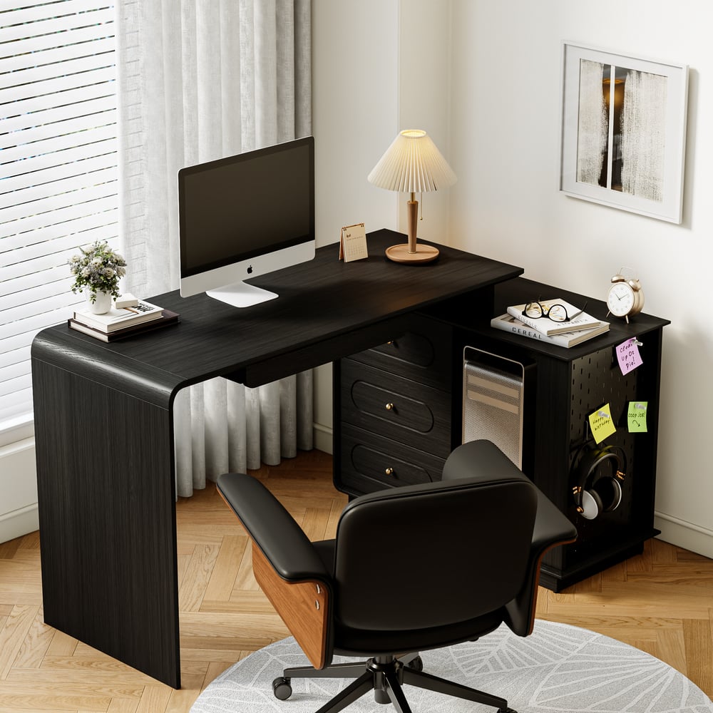 Modern 73" L-Shaped Black Rotating Desk with Keyboard Tray & Storage window image