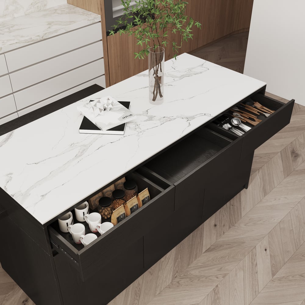 Îlot de cuisine extensible en pierre frittée de 205 à 270 cm avec portes et tiroirs, noir et blanc image de fenêtre