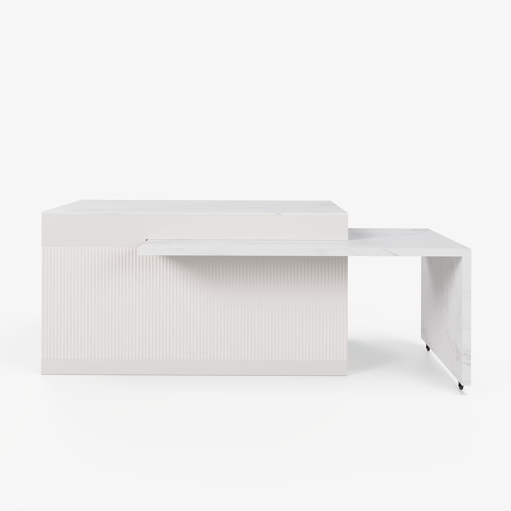 Modern 81"-112" Marble Pattern Kitchen Island with Doors & Drawers, White window image