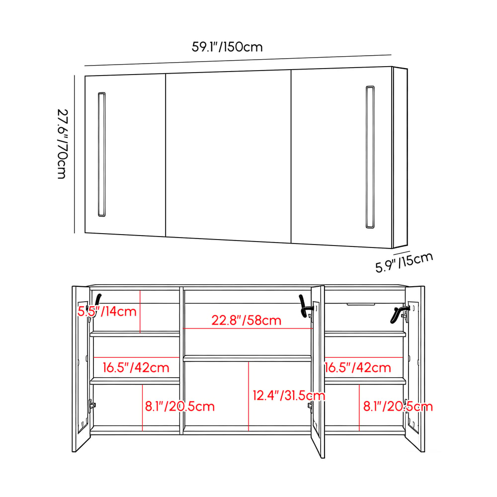 150cm LED Bathroom Medicine Cabinet with Anti-Fog, Dimmable Tri-Color Lighting weights dimensions image