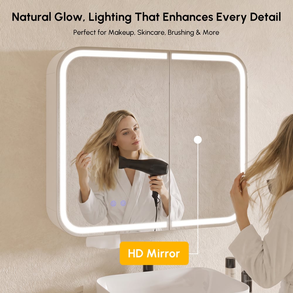 31" LED Bathroom Mirror Cabinet with Defogger, 3-Color Light, Tissue Slot window image