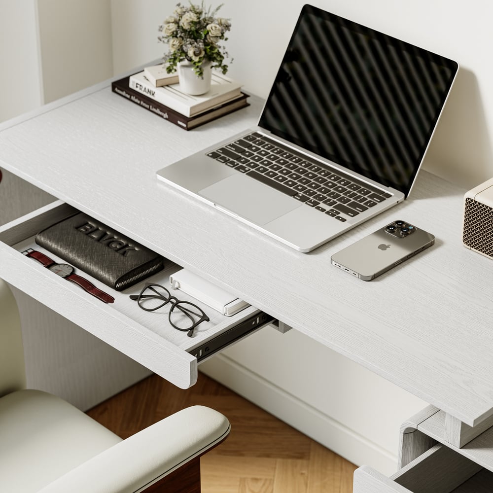 Modern 73" L-Shaped White Rotating Desk with Keyboard Tray & Storage window image