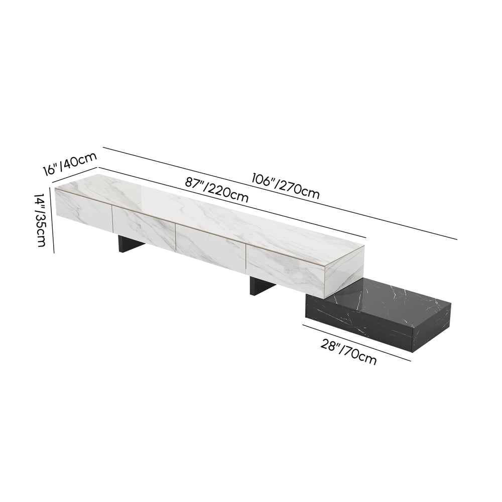 Meuble TV extensible de 87"-106" avec plateau en pierre frittée et 5 tiroirs Poids, dimensions, image