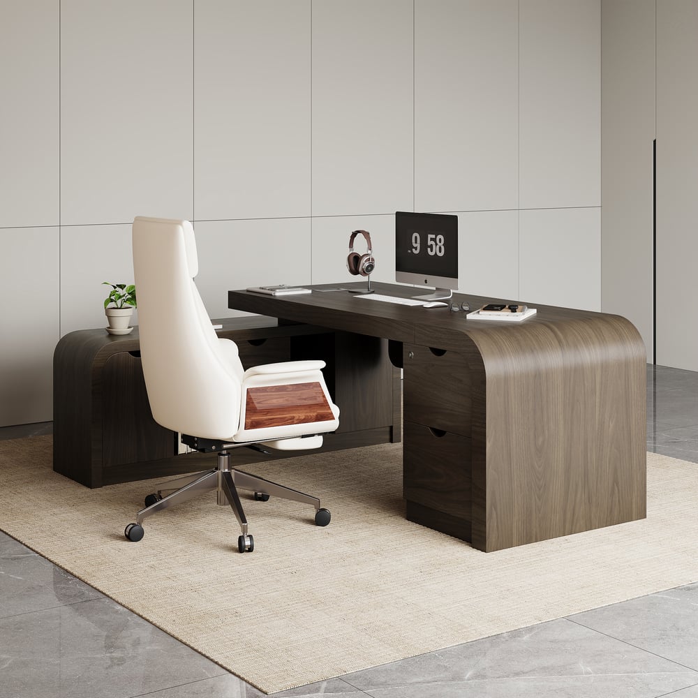 Chicent 71'' L-shaped Smoked Brown Computer Desk with Cabinet Left Hand window image