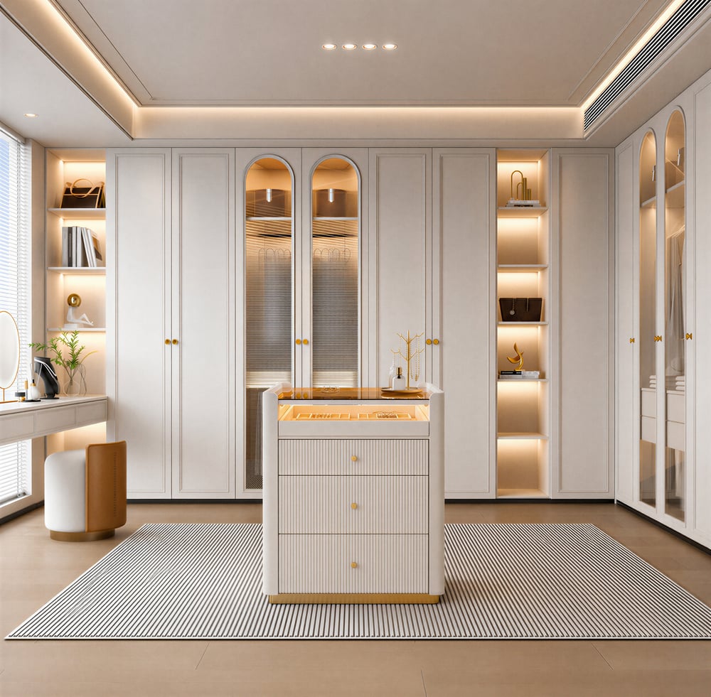 Îlot de placard moderne de 29,5" en cuir cannelé, commode à 7 tiroirs avec éclairage et rangement pour bijoux image de fenêtre
