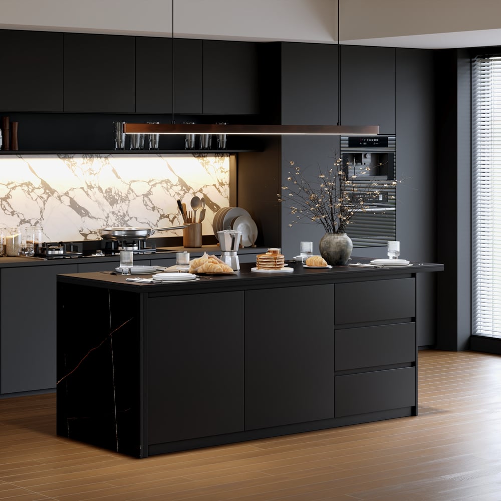 Modern 72" Sintered Stone Kitchen Island with Storage, Black window image