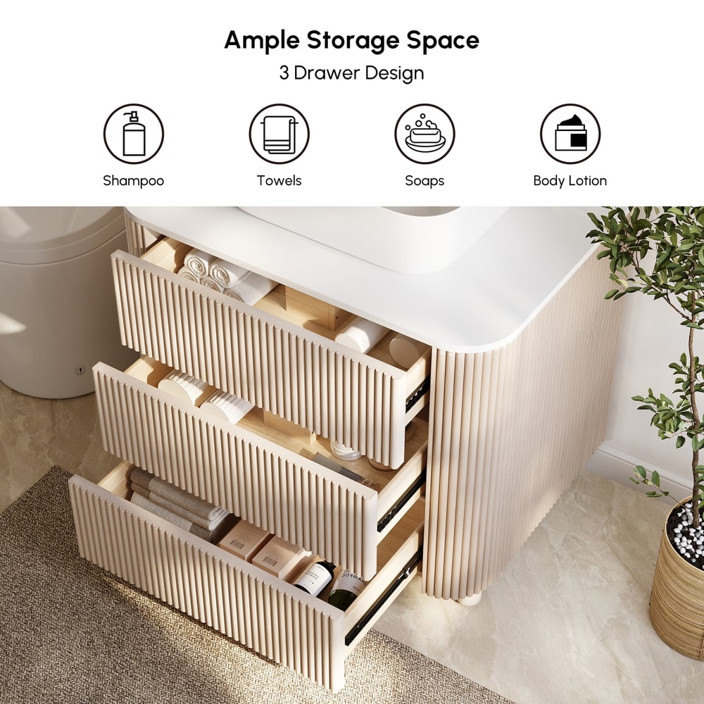 80cm Fluted Freestanding Bathroom Vanity with Vessel Sink, 3-Drawers, Sintered Stone top window image