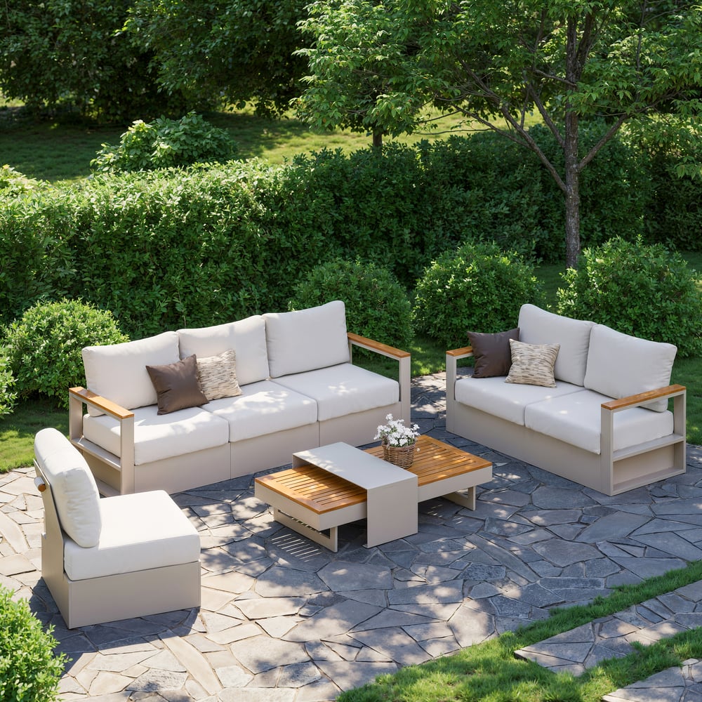 Tevara 6-Person Outdoor Sofa Set with Wood & Aluminium Frame, Sand & Warm White (4-Piece) window image
