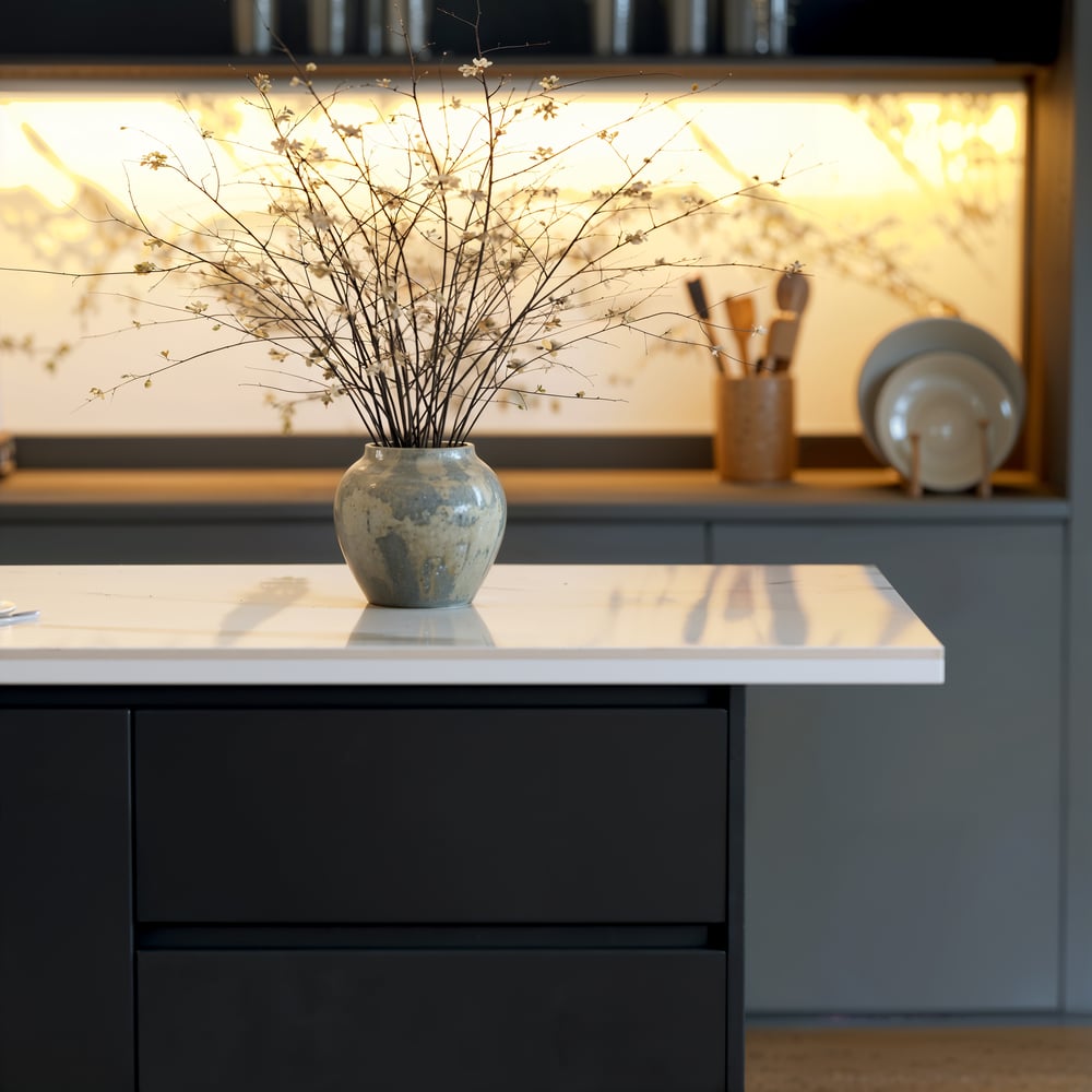 Modern 72" Glossy Sintered Stone Top Kitchen Island with Storage, White & Black window image