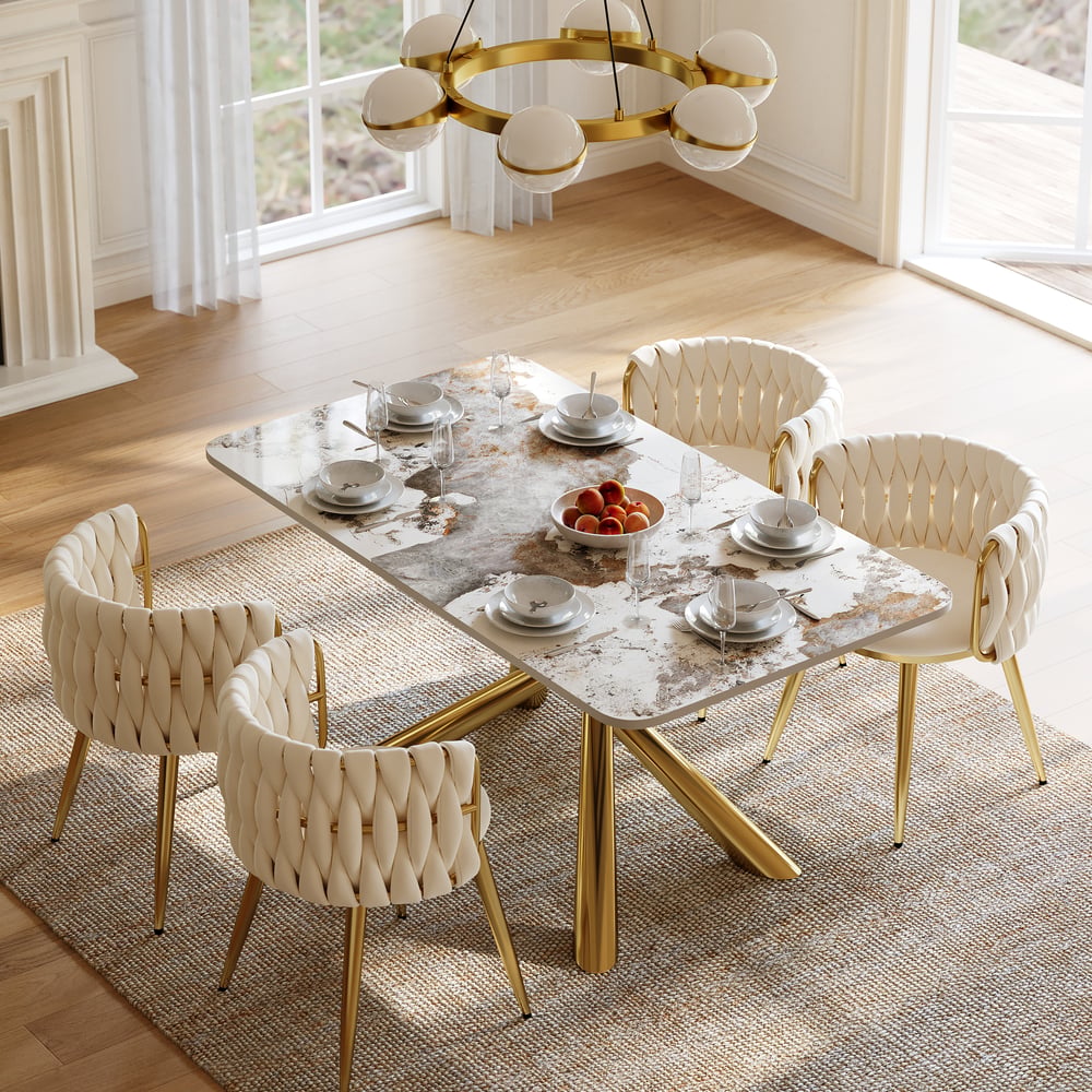 Dining Set 63" Rectangle Glossy Pandora Sintered Stone Dining Table with 4 Chairs window image