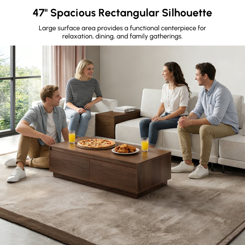 Ensemble meuble TV Fero en bois blanc et noyer, meuble TV extensible et table basse rectangulaire image de fenêtre