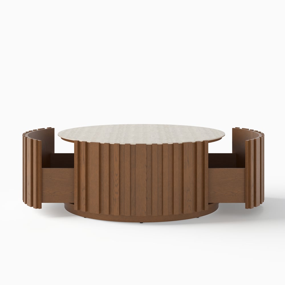 Aura 35" Ash Wood Slatted Round Coffee Table with Sintered Stone Top window image