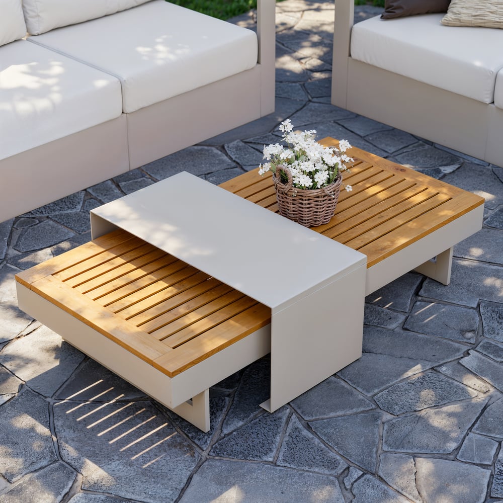 Tevara 6-Person Outdoor Sofa Set with Wood & Aluminium Frame, Sand & Warm White (4-Piece) window image