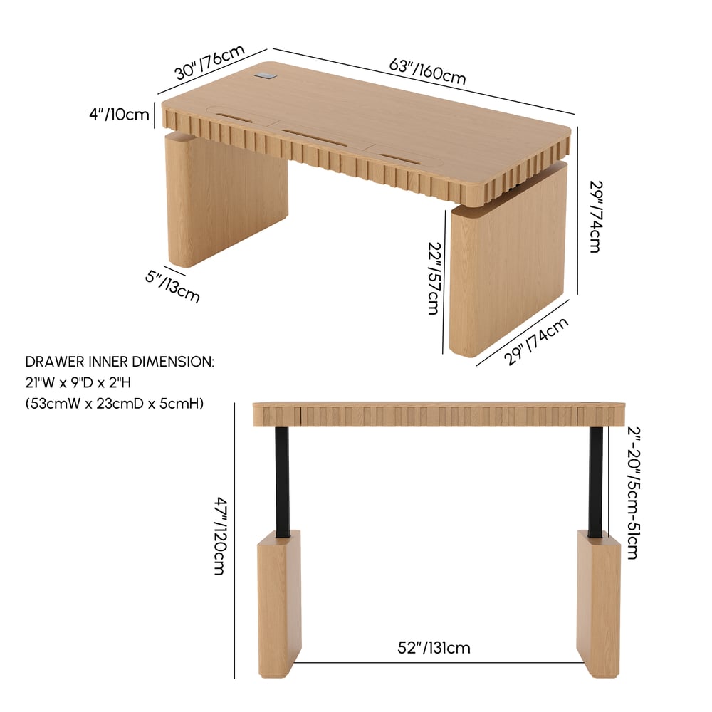 Aura 160 cm Natural Fluted Electric Adjustable Standing Desk weights dimensions image