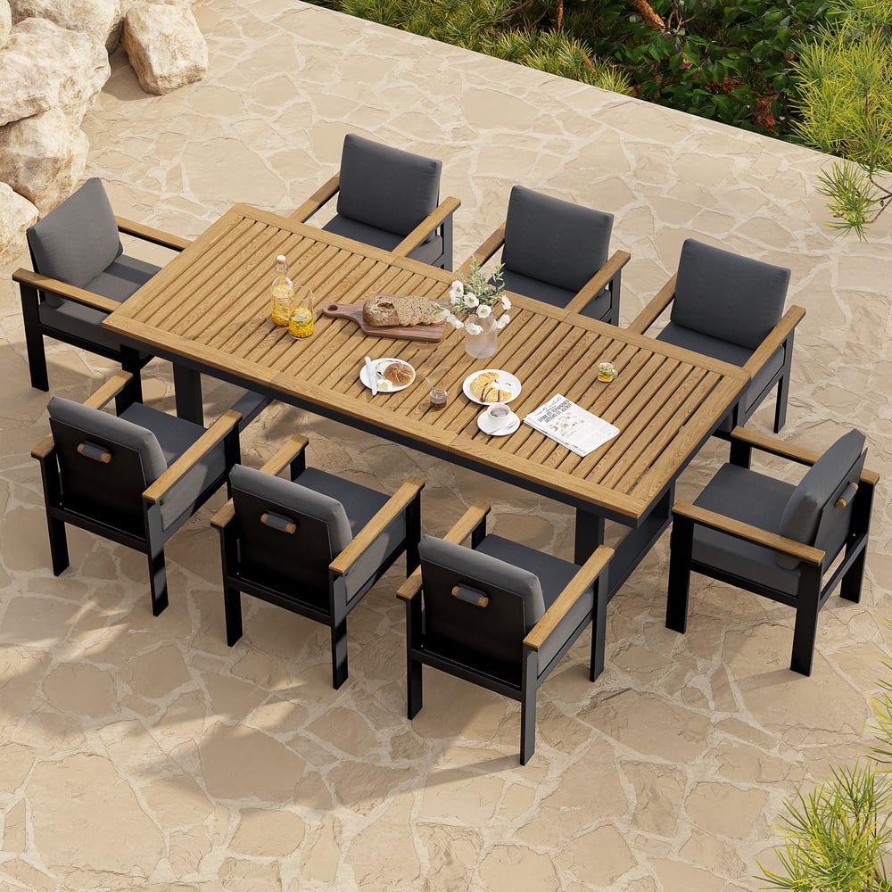 Chaises de salle à manger de jardin Tevara en teck et aluminium avec coussin - gris foncé, 2 pièces image de fenêtre