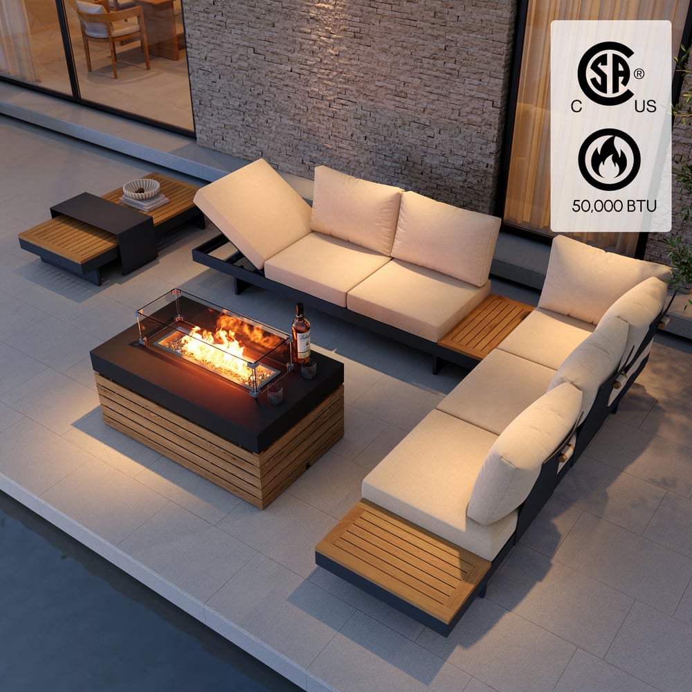 Tevara 5-Pieces Modular Teak Outdoor Sofa Set with Smokeless Fire Pit for 6 in Beige window image
