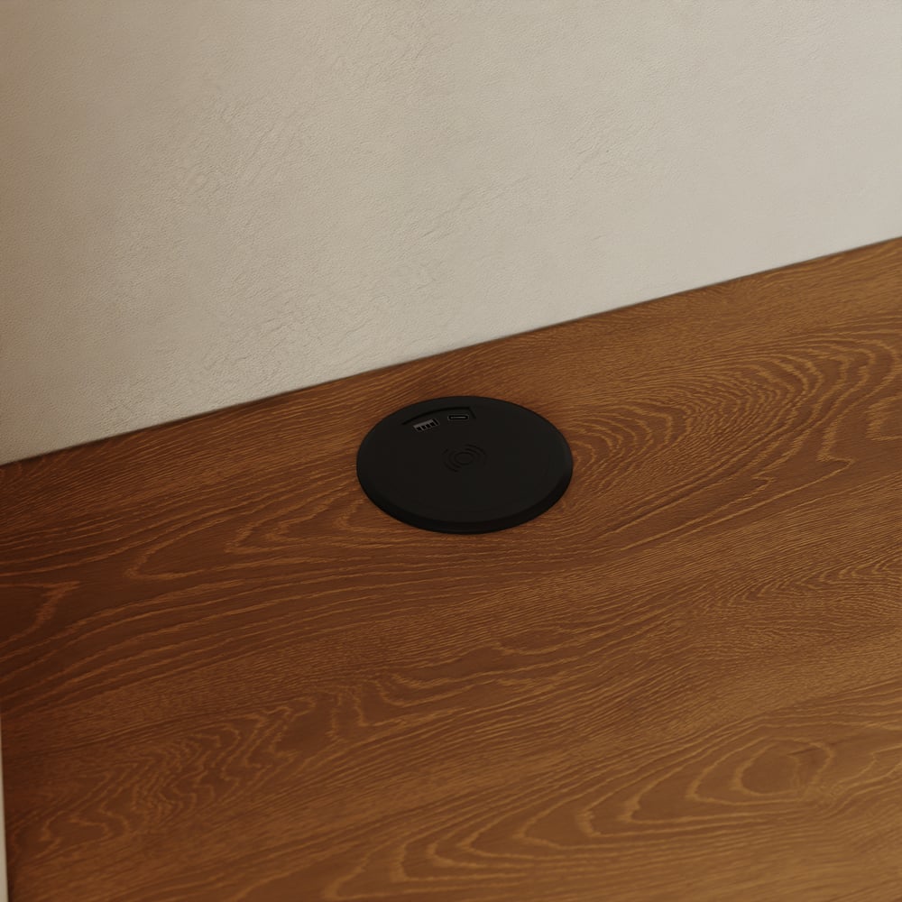 King Solid Wood Bed with Leather Extended Headboard & Floating Smart Nightstand Set window image