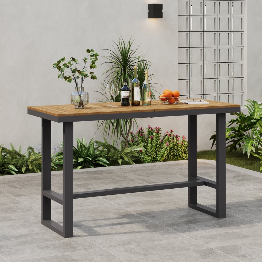 Tevara Outdoor Teak Wood Slat Top & Dark Grey Aluminium Frame Bar Table for Patio window image