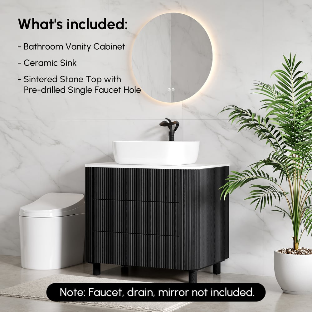 80cm Fluted Freestanding Bathroom Vanity with Vessel Sink, 3-Drawers, Sintered Stone top window image