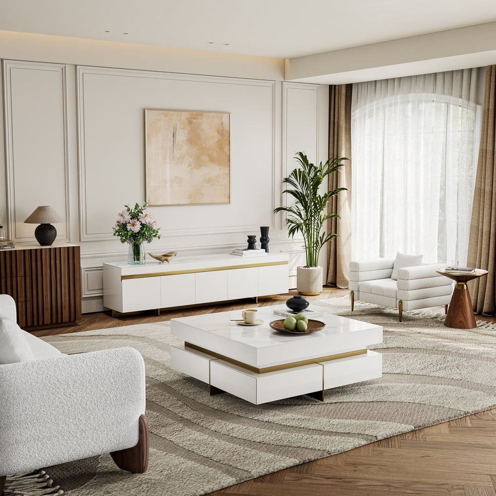 86" White Sintered Stone Top TV Stand with 4 Drawers window image