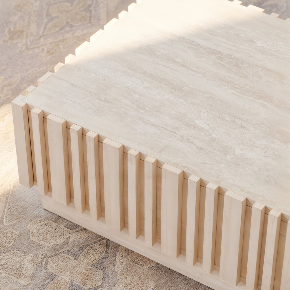 Aura 47" Ash Wood Slatted Coffee Table with Sintered Stone Top window image