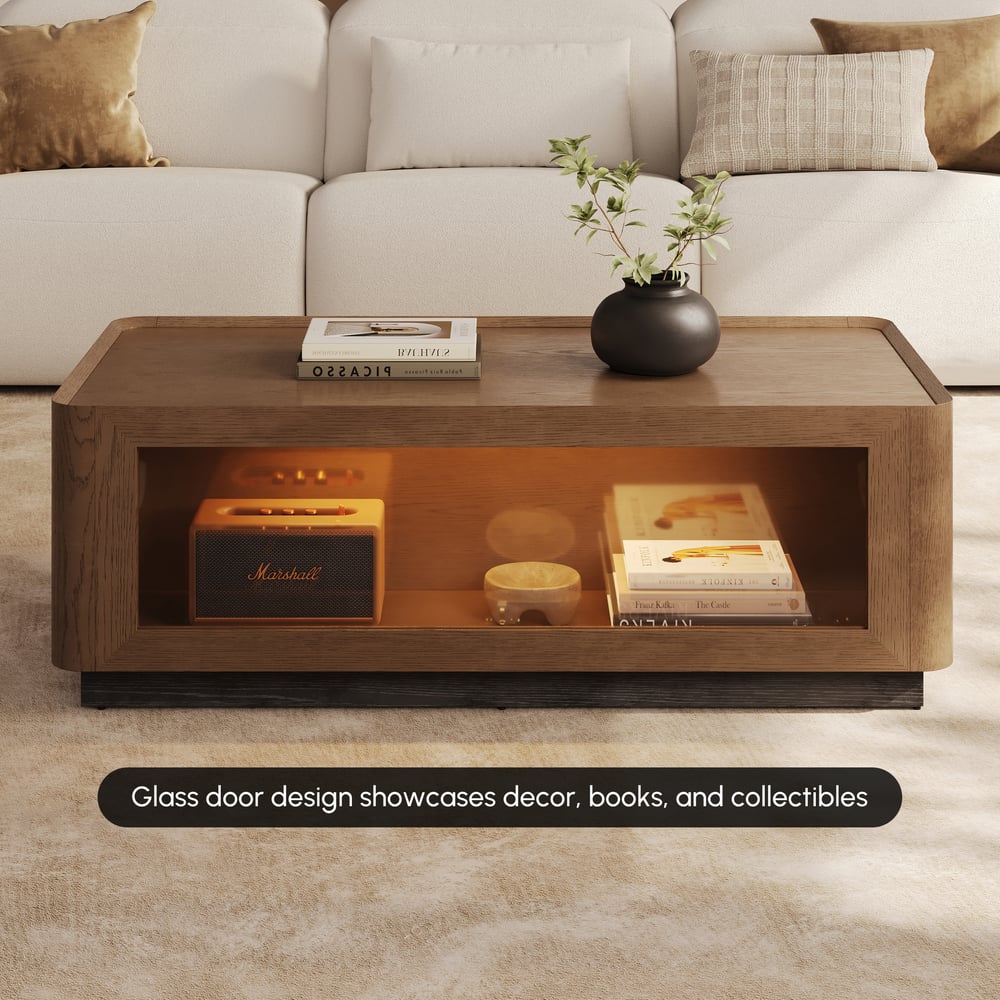 47" Glass Door Walnut Coffee Table with Storage and LED window image