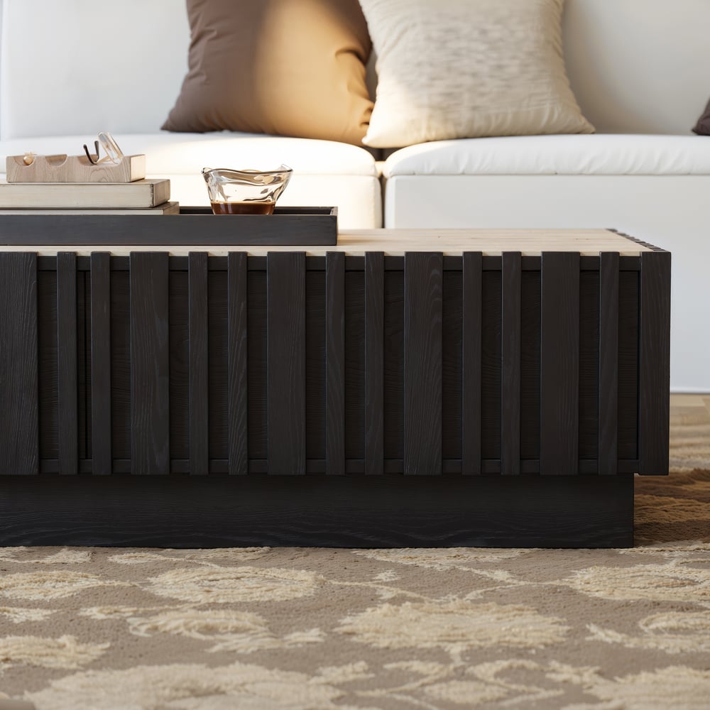 Table basse à lattes Aura 47" en bois de frêne avec plateau en pierre frittée image de fenêtre