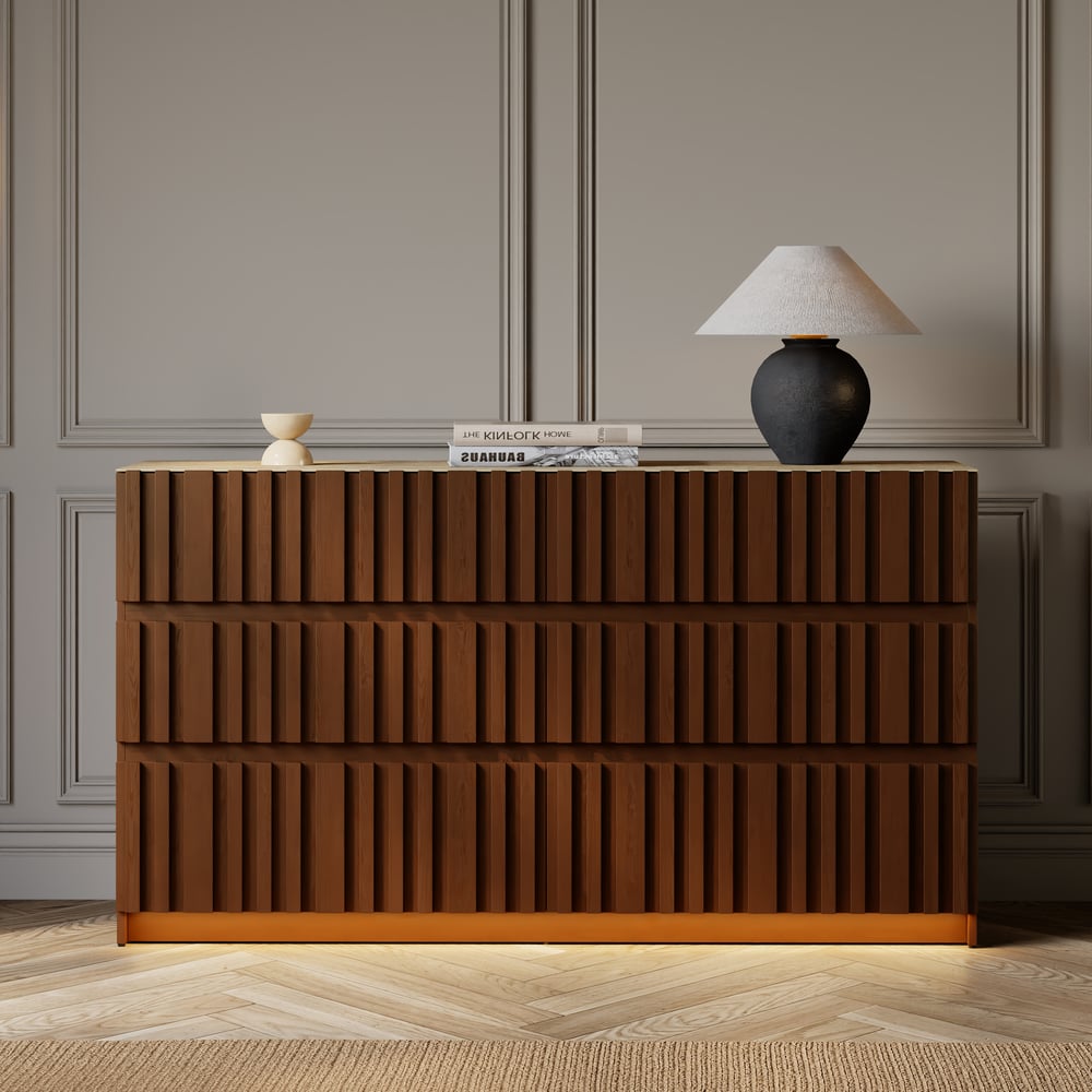 59" Walnut and Sintered Stone 6-Drawer Lighted Dresser window image