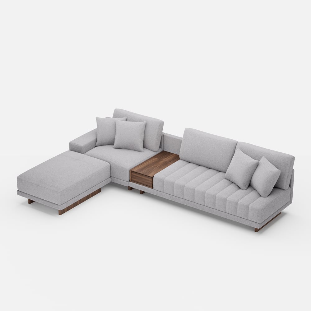 Sofá modular en forma de L Vewal de 320 cm en tela bouclé con chaise longue y otomana Imagen de ventana