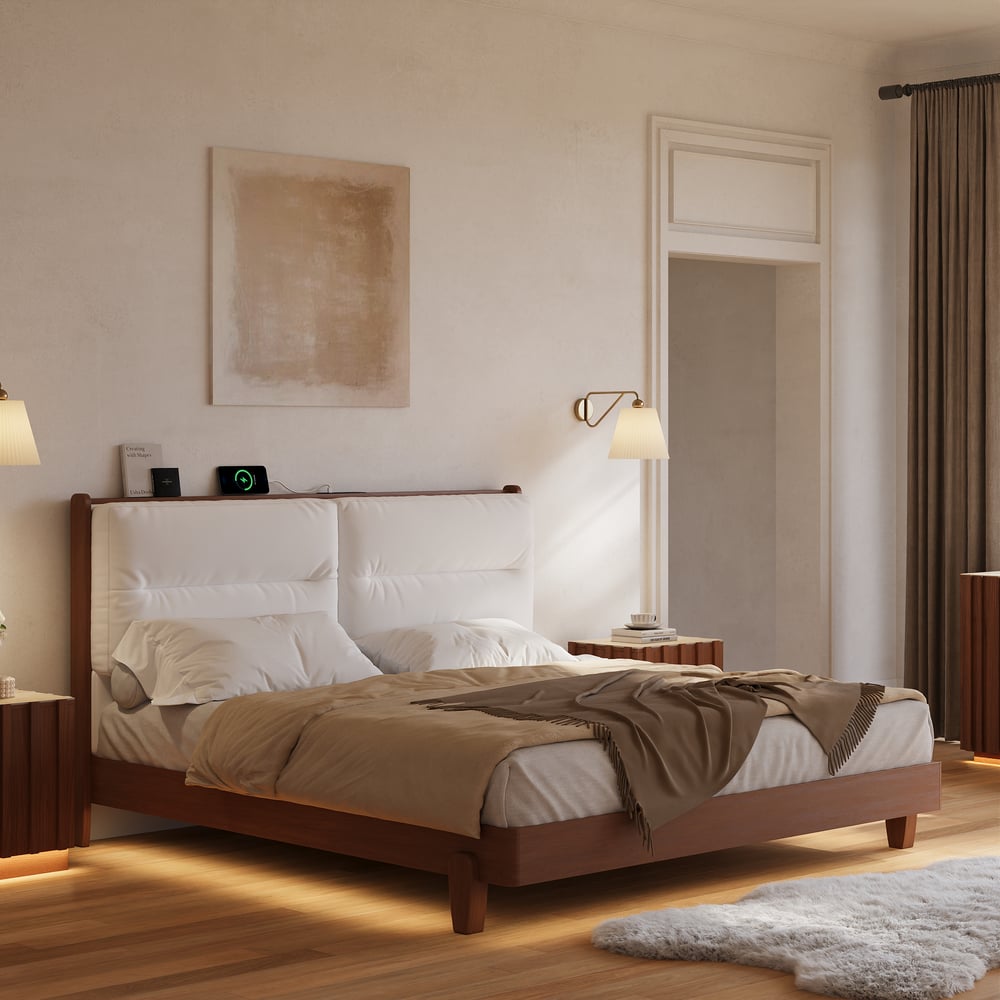 Mid-Century Modern King Solid Wood Bed with Charging Station and Sensor LED window image