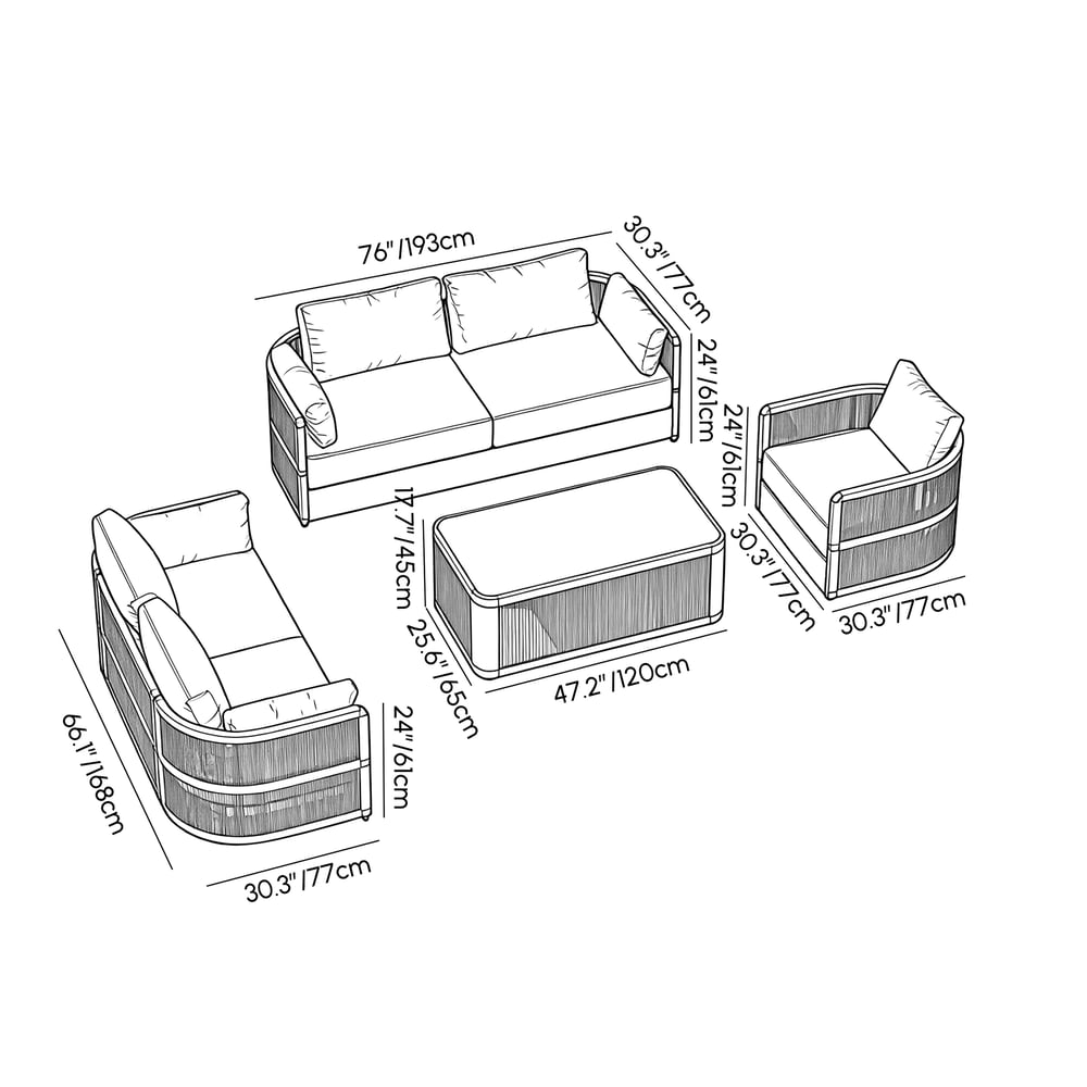 4-Pieces Modern Aluminum & Rope Outdoor Swivel Sofa Set with Coffee Table in Black for 6 weights dimensions image
