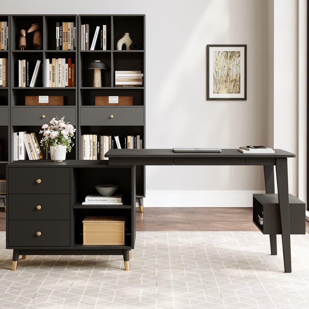 Ultic Matte Black L Shaped Home Office Desk & Faux Leather Office Chair Set with Wheels window image