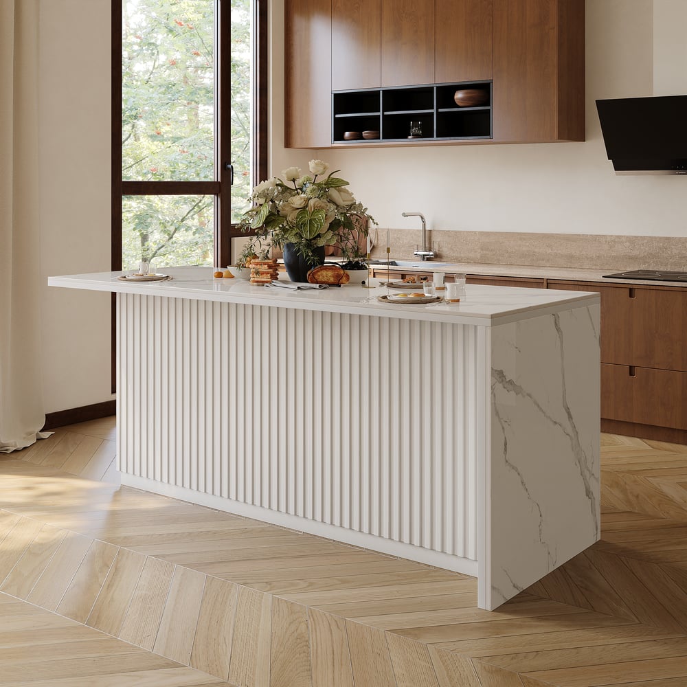 Modern 72" Sintered Stone Kitchen Island with Ample Storage, White window image