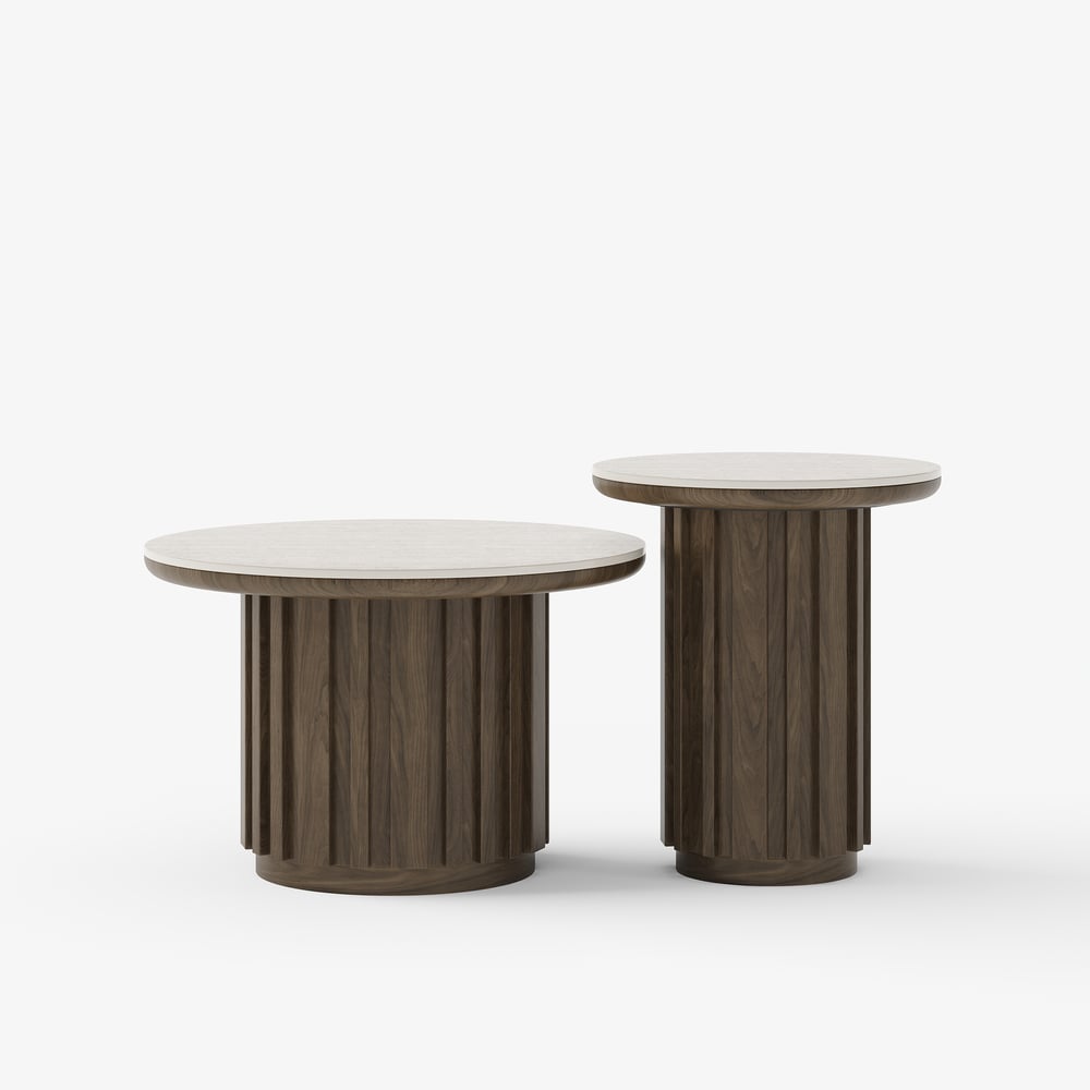 Aura 2 Piece Set Ash Wood Slatted  Round Coffee Table with Sintered Stone Top(20" - 28") window image