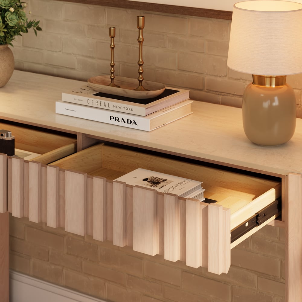Aura 60" Ash Wood Fluted Whitewash Console Table With Sintered Stone Top window image