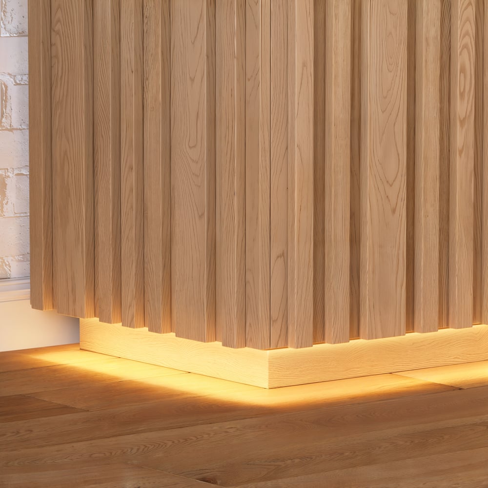 Buffet Aura 60" en Faux Travertin Naturel avec Portes à Lattes en Bois de Frêne et Lumière LED image de fenêtre