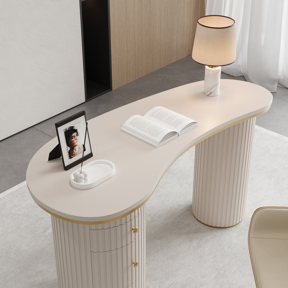 Warm White Curved Wooden Office Desk & Adjustable Swivel Executive Chair in Beige & Gold window image