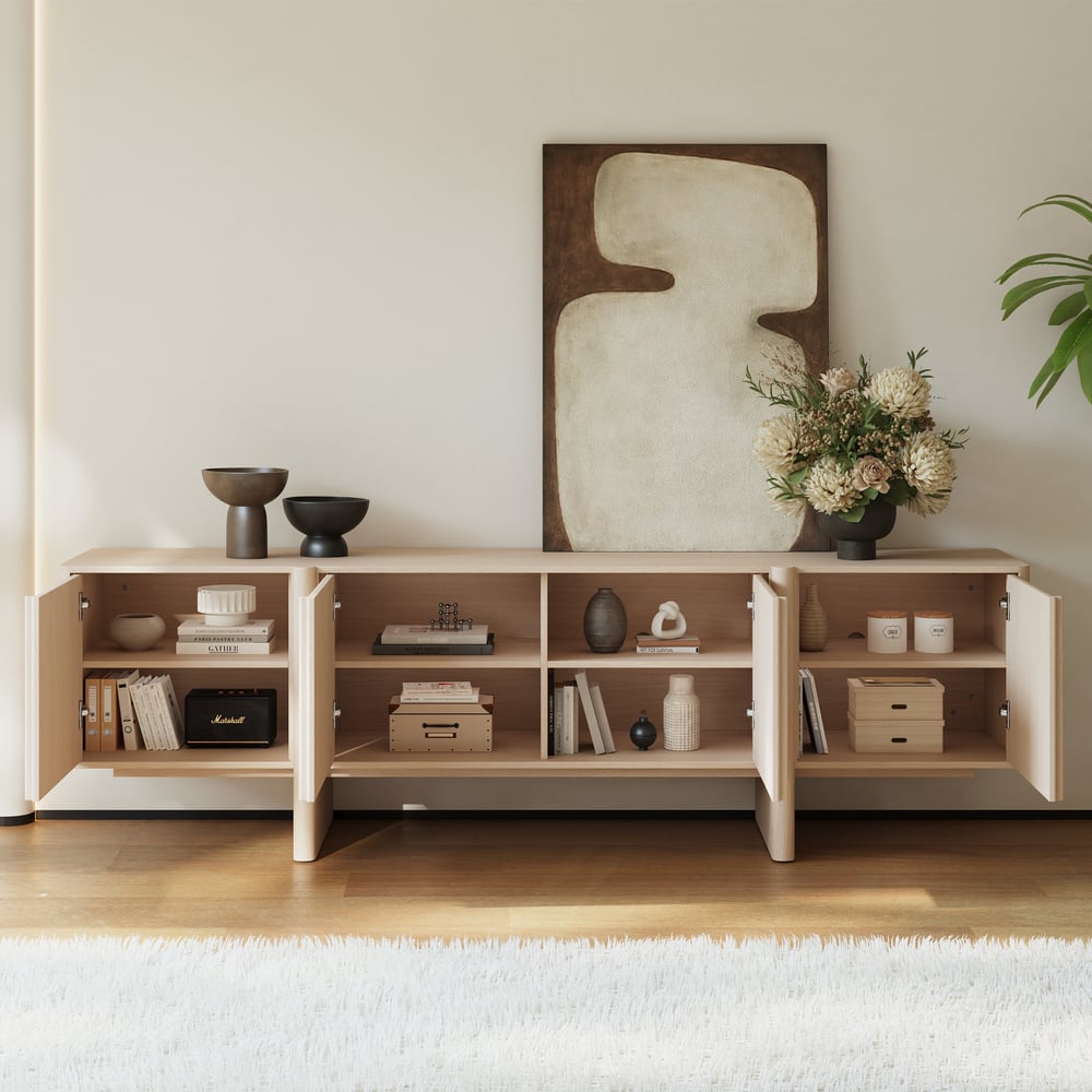 80" Solid Wood Fluted Whitewash TV Stand with Cabinets window image