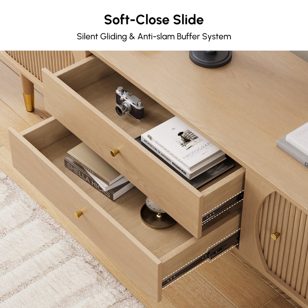 80" Ash Wood Fluted Natural TV Stand with Storage window image