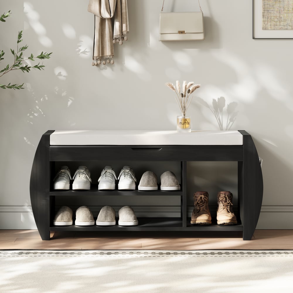 Banco zapatero de entrada de madera maciza negra de 40 pulgadas con estante para zapatos Imagen de ventana