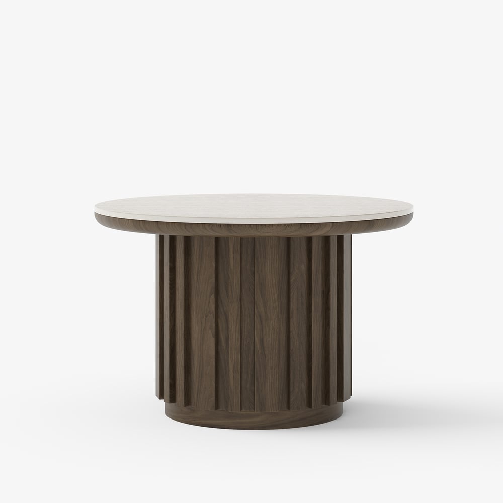Table basse ronde à lattes en bois de frêne Aura avec plateau en pierre frittée image de fenêtre