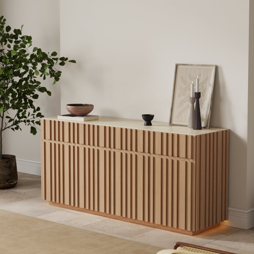 Aura 65" Ash Wood Slatted Natural TV Stand with Sintered Stone Top window image