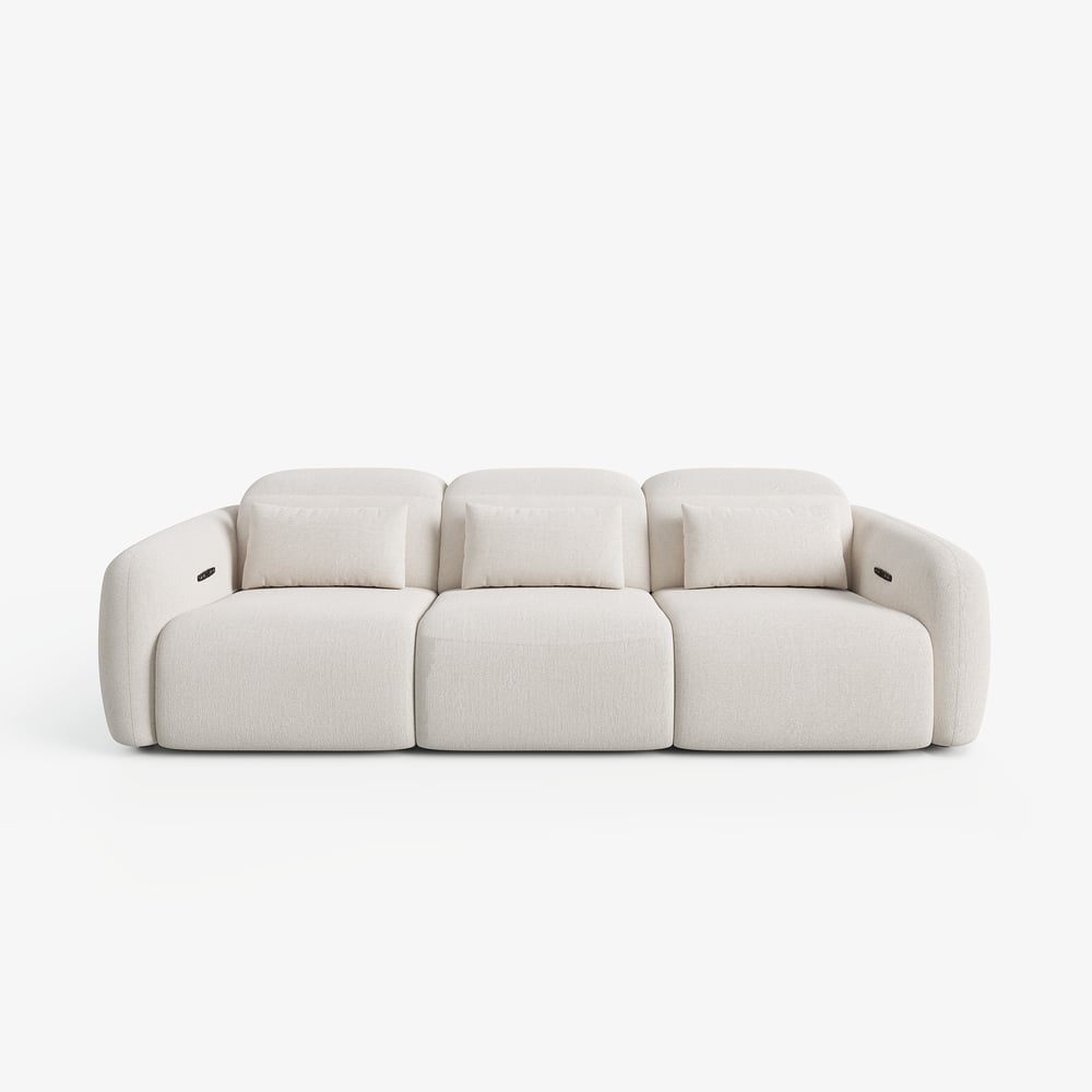Canapé inclinable électrique 3 places de 312cm en chenille avec gravité zéro, coussins et port USB image de fenêtre