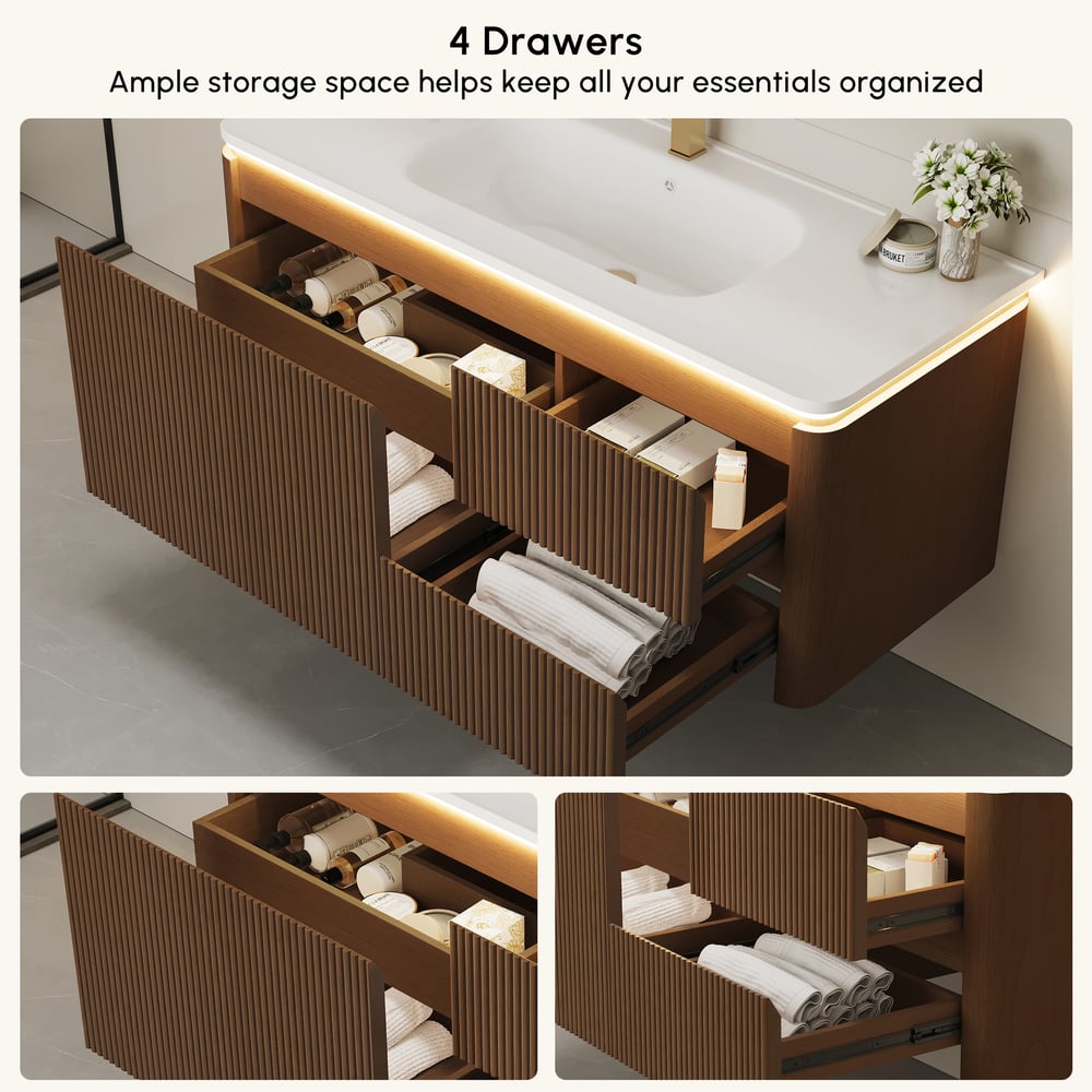 Moderno tocador de baño flotante acanalado de 119 cm con lavabo, LED suave y amplio almacenamiento Imagen de ventana