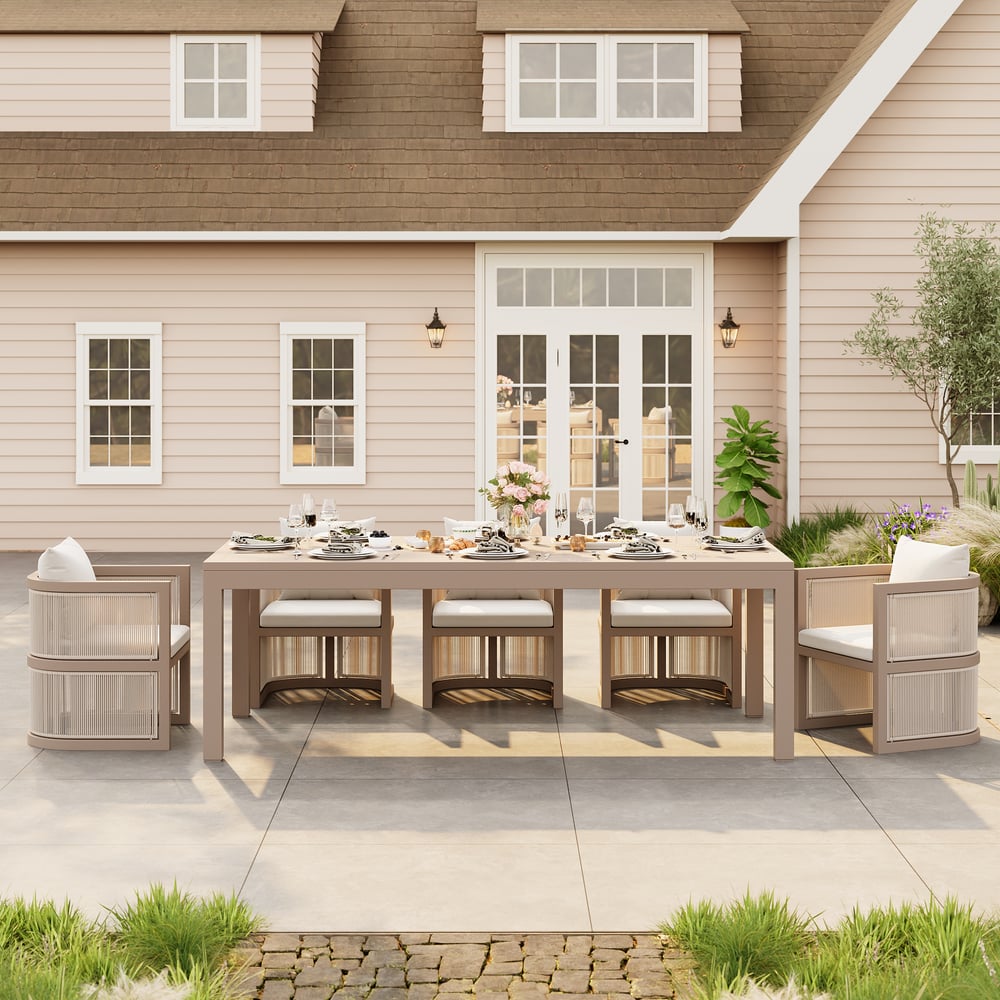 Wevara 87" Sand-Finished Aluminum Slatted Outdoor Dining Table in Sand window image
