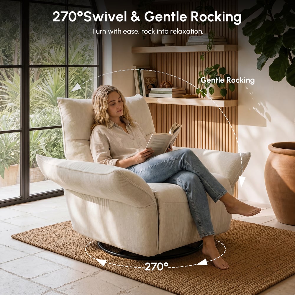 Performance Chenille Power Recliner Swivel Rocker Chair With Dual Motor & Adjustable Armrests window image