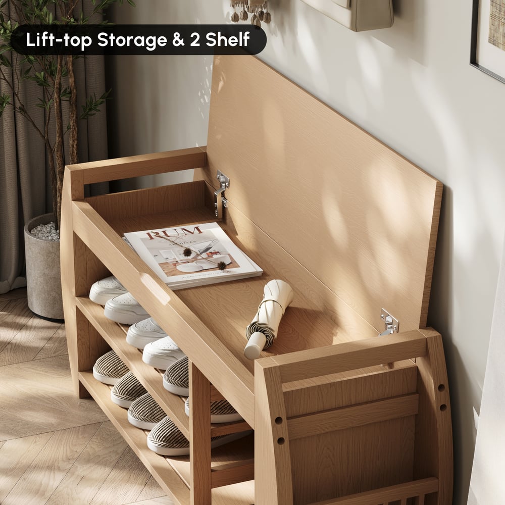 Banc d'entrée en bois massif naturel de 40 pouces avec rangement pour chaussures et étagère à chaussures image de fenêtre