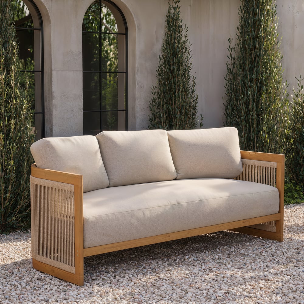 4-Piece Outdoor Teak & Rope Weave Sofa Set with Coffee Table for 6 window image