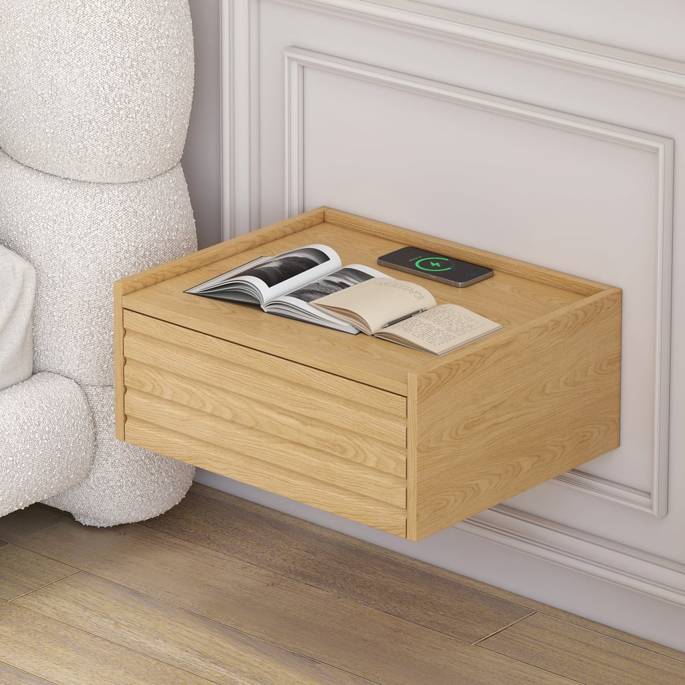 Japanese-Style Low Bed Frame with Natural Floor Bed and Floating Wooden Nightstands Set window image